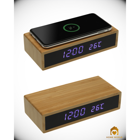Sveglia digitale in legno con ricarica wireless per cellulare